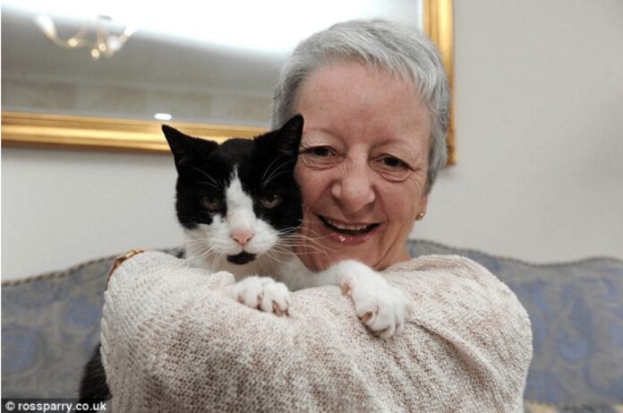 La signora Sue Mckenzie con il suo gatto Tom