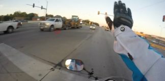 Motociclista blocca il traffico e salva gattino
