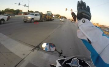 Motociclista blocca il traffico e salva gattino