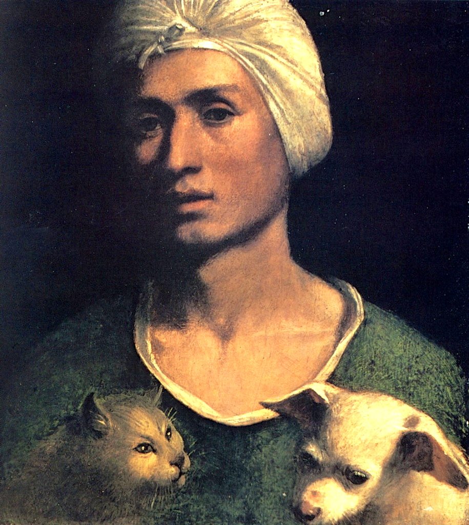 Dosso Dossi, Ritratto di uomo con gatto e cane