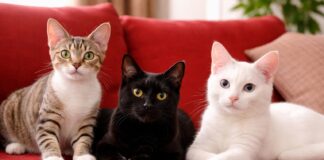 Gatti tigrati, neri, bianchi