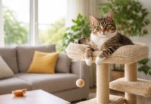 Il gatto può vivere sempre in appartamento? gatto in appartamento ambiente indoor con tiragraffi