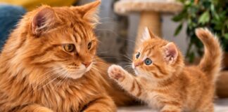 Gatto adulto e cucciolo insieme