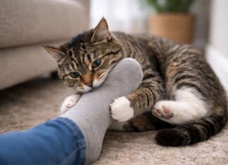 Gatto che attacca piedi e mani: spesso è gioco mal indirizzato Gatto che attacca piedi e mani