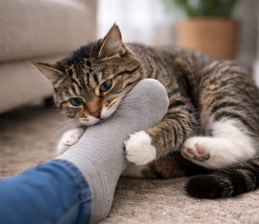 Gatto che attacca piedi e mani