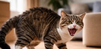 Gatto che soffia e attacca